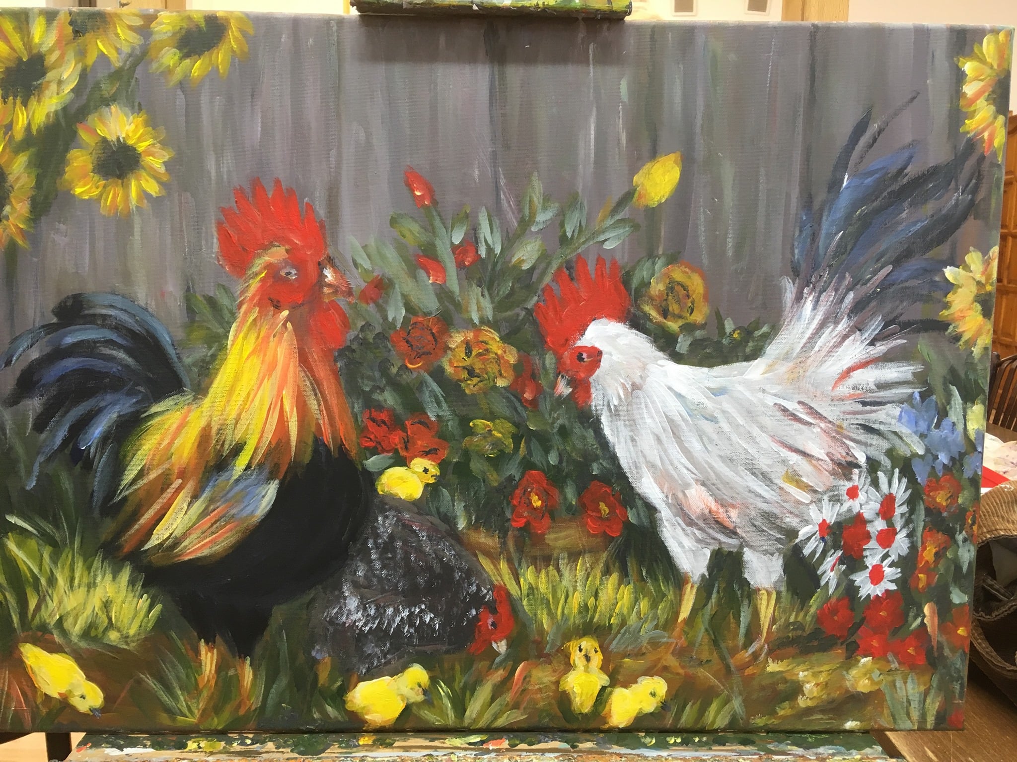 Roosters - acrylic painting on canvas