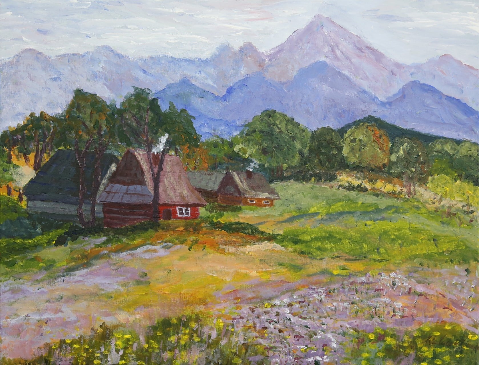 Cottage in the mountains - acrylic painting on canvas