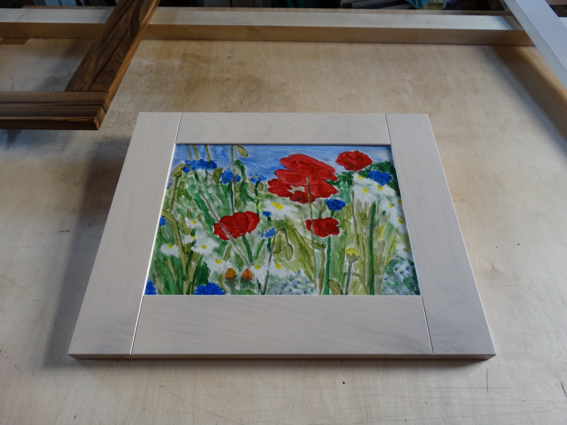 Flower meadow - acrylic painting on canvas in a bleached sycamore frame