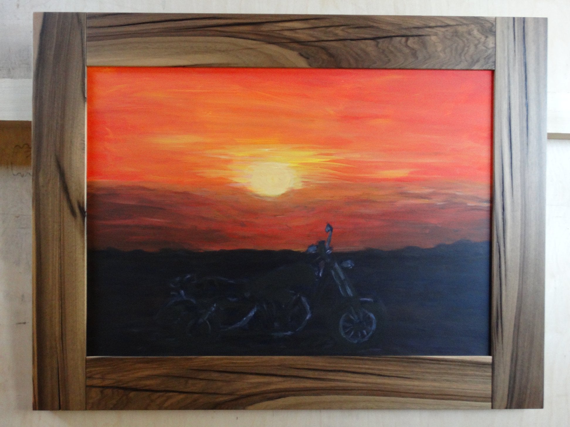 Harley at sunset - acrylic painting on canvas in a walnut frame