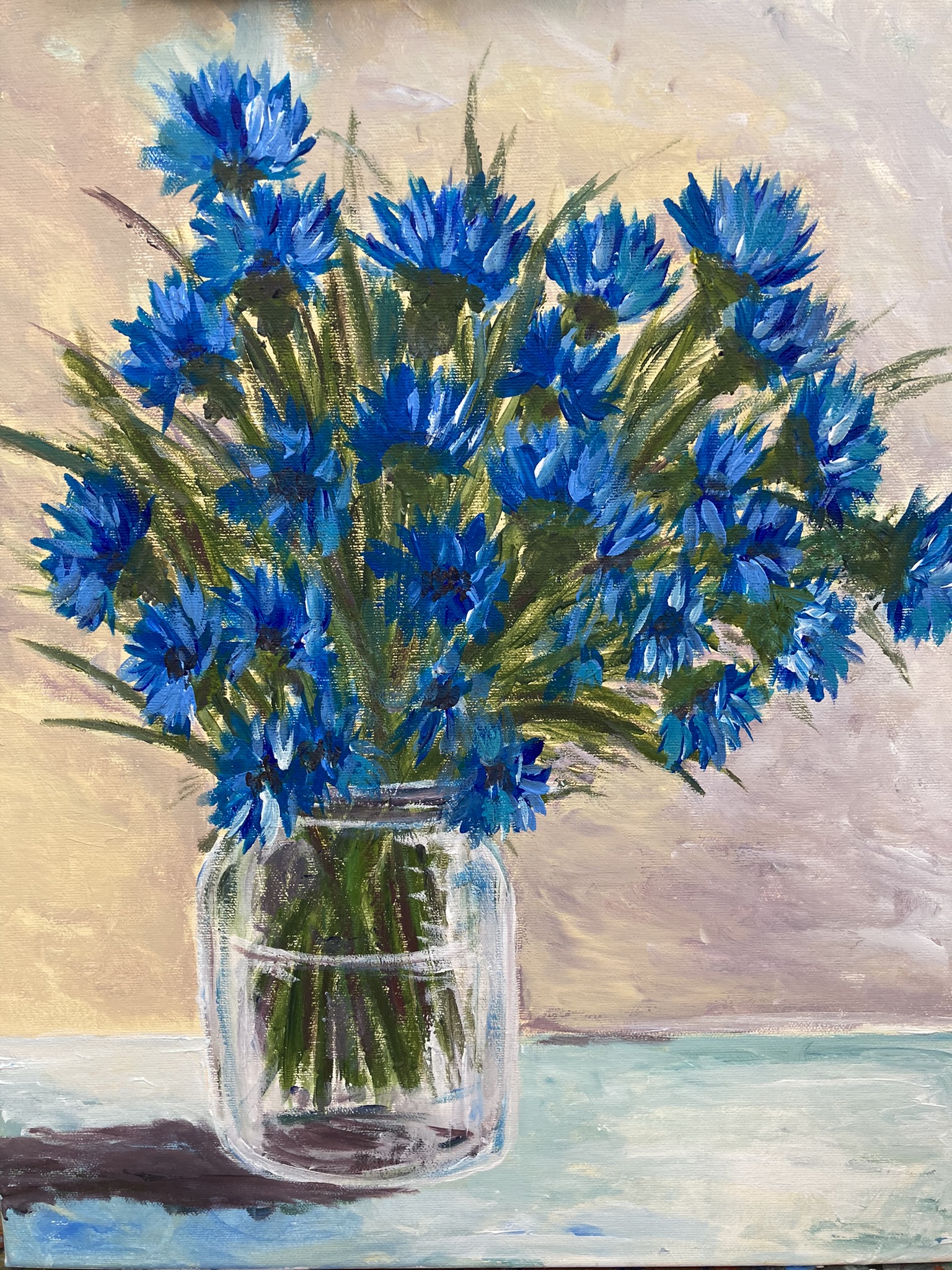 Cornflowers in a jar - acrylic painting on canvas