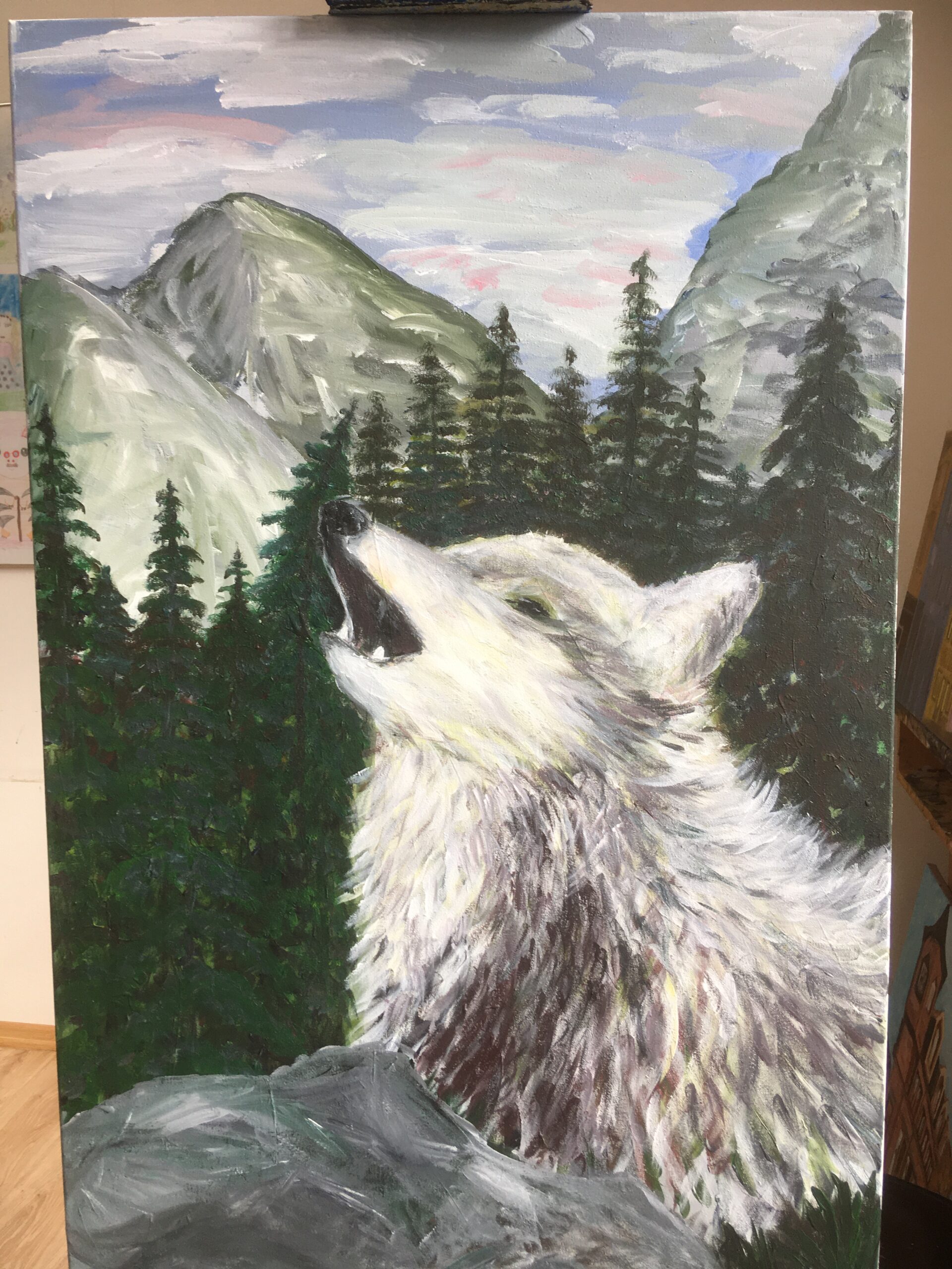 Wolf in the mountains - acrylic painting on canvas